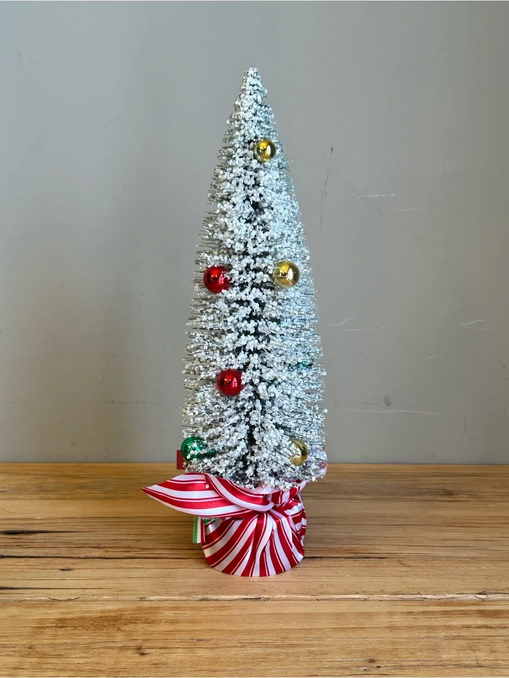 Festive Snowy Mini Christmas Tree with Red & Green Ornaments - Home Holiday